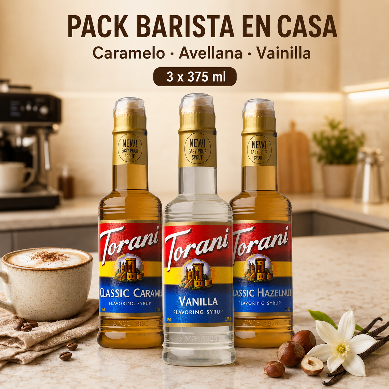Pack Barista en Casa Torani | Caramelo, Avellana y Vainilla – 3 x 375 ml