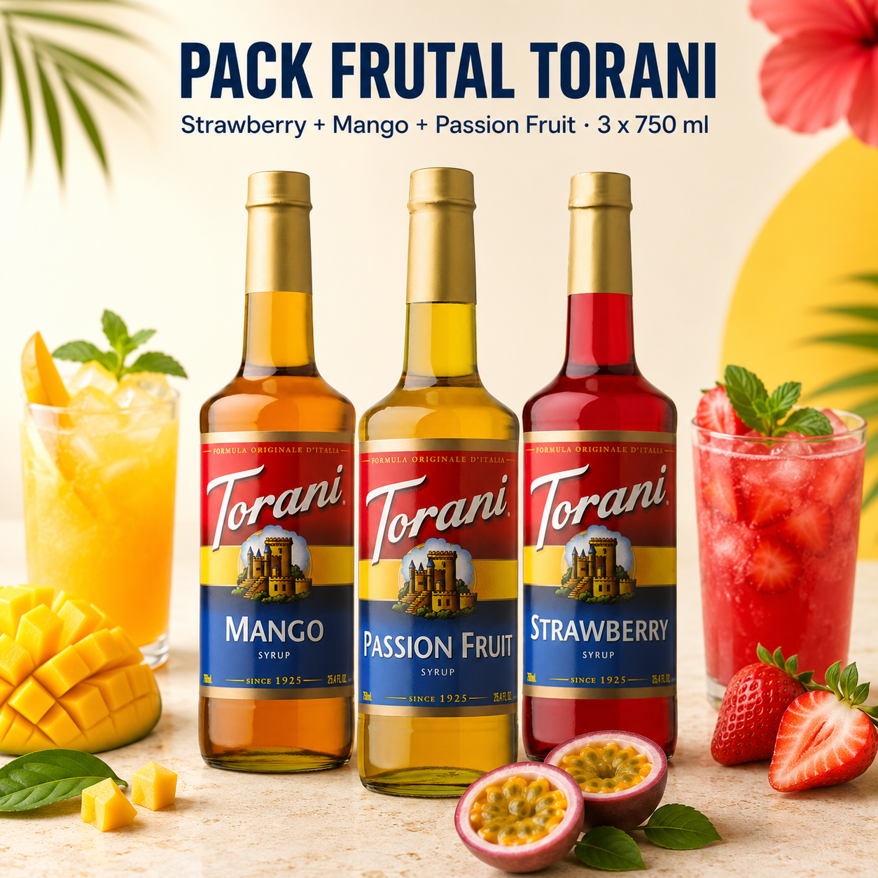 Pack Frutal Torani | Strawberry, Mango y Passion Fruit – 3 × 750 ml