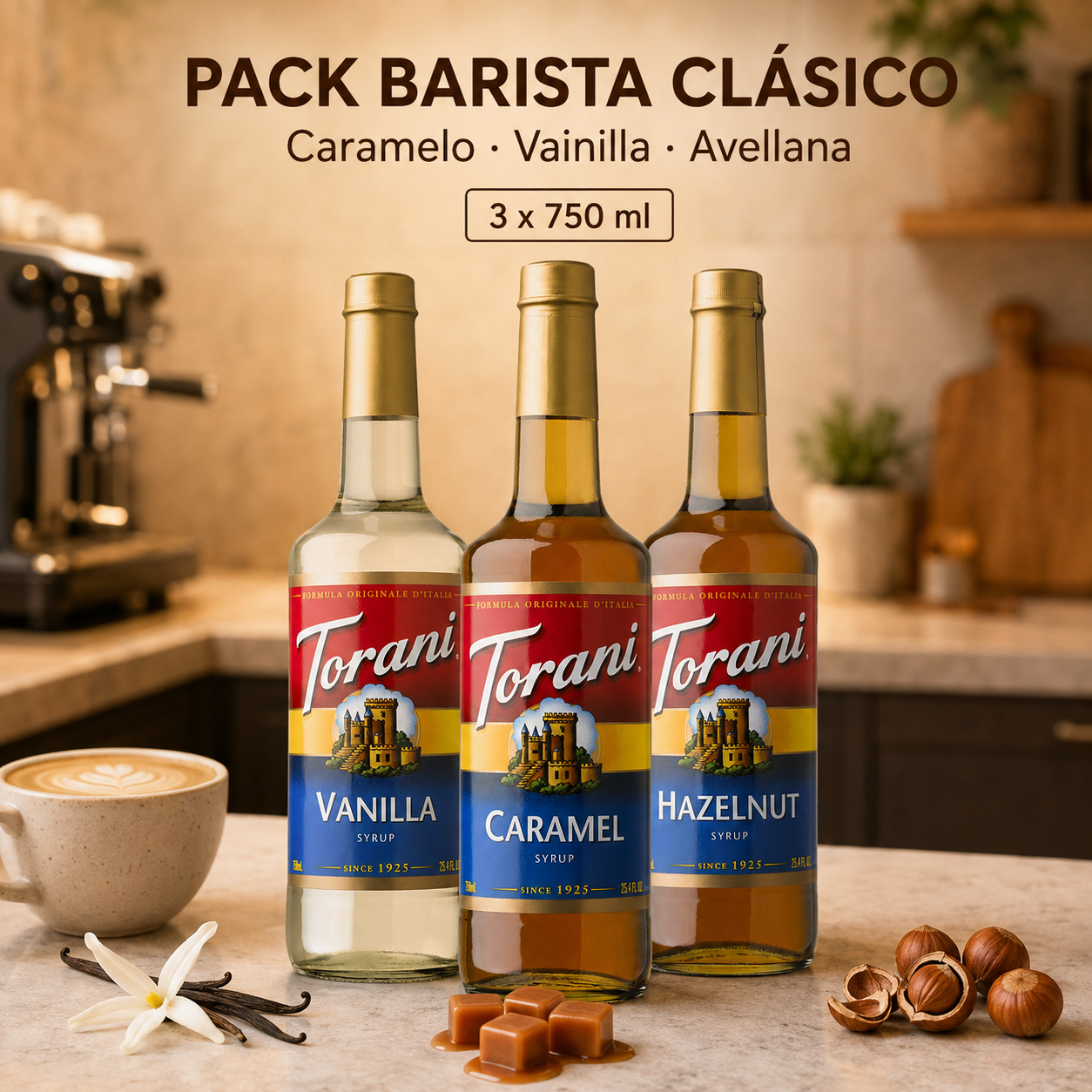 Pack Barista Clásico Torani | Vainilla, Caramelo y Avellana – 3 × 750 ml