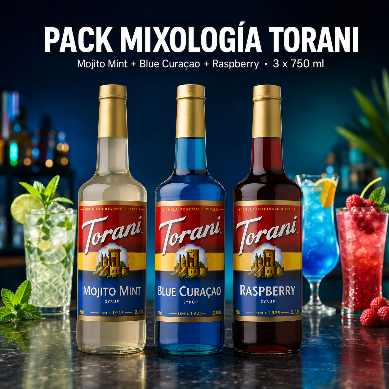 Pack Mixología Torani | Mojito Mint, Blue Curaçao y Raspberry – 3 × 750 ml