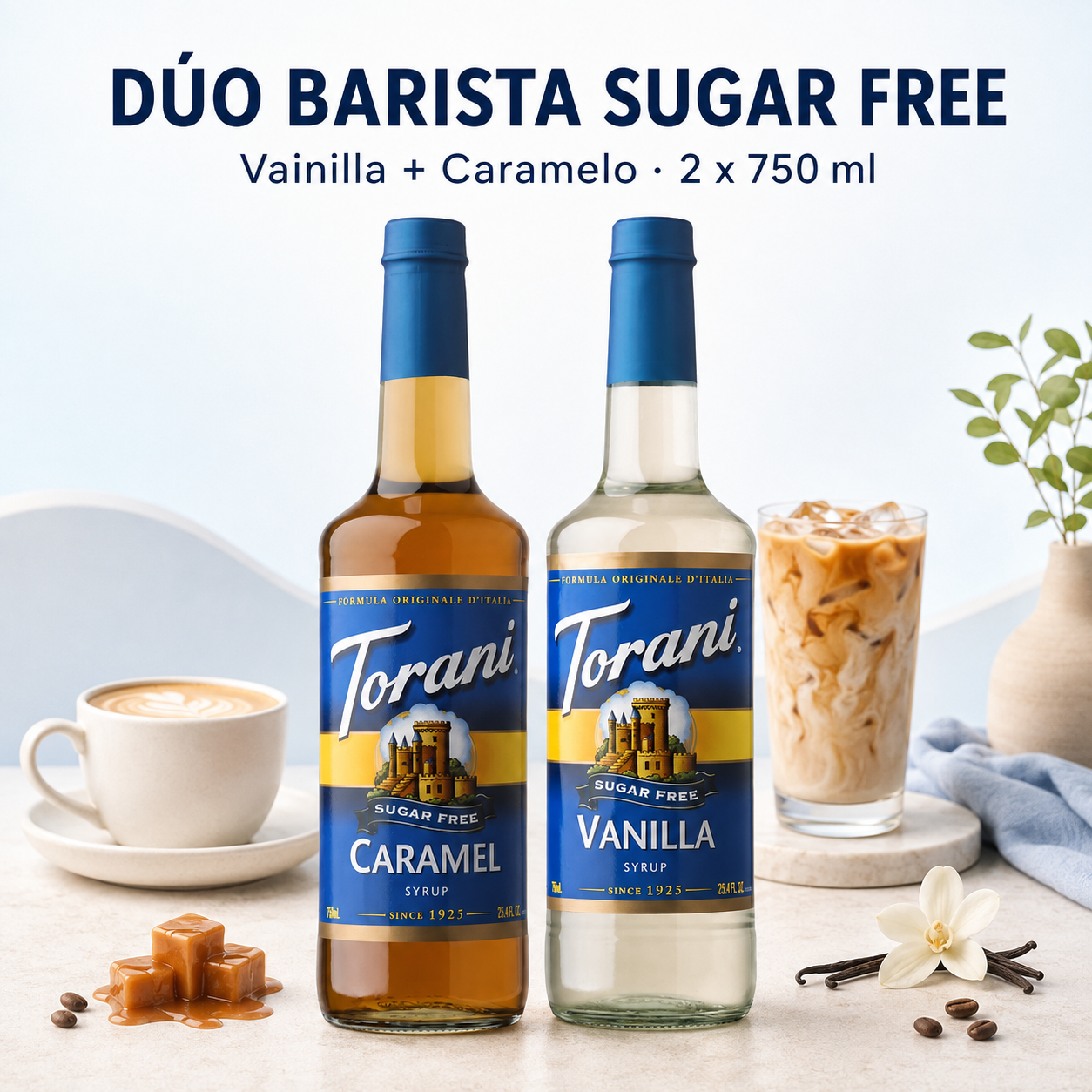 Dúo Barista Sugar Free Torani | Vainilla y Caramelo – 2 × 750 ml