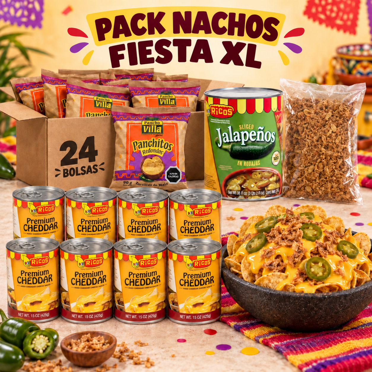 Pack Nachos Fiesta XL | Tortillas, Queso Cheddar, Jalapeño y Cebolla